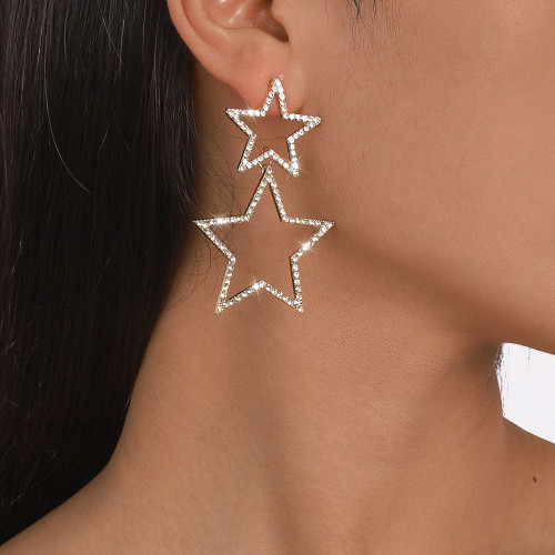 Independent cross-border fashion rhinestone pentagonal star earrings for women in Europe and America, double layered personalized fashion temperament earrings