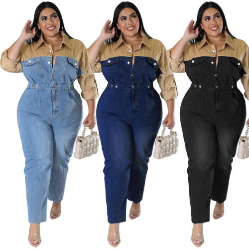 218272 Cross border European and American Large Size Women's Wholesale Supply Source: Denim Contrast Color jumpsuit, Amazon New Source Factory