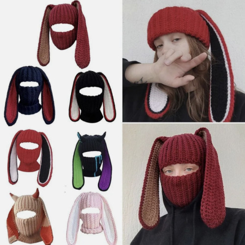 Amazon's best-selling rabbit ear hat for autumn and winter warmth, Barak Rafah hat, neck protection, face mask, integrated knitted hat