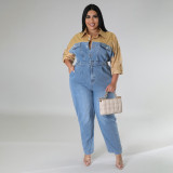 218272 Cross border European and American Large Size Women's Wholesale Supply Source: Denim Contrast Color jumpsuit, Amazon New Source Factory