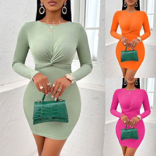 Autumn and Winter Amazon Cross border Hot Selling Women's Wear European and American Sexy Casual Solid Color Round Neck Twisted Long sleeved Dress