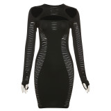 INS European and American style autumn and winter new women's fashion round neck long sleeved sexy hollow fit wrap buttocks dress