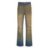 American street style women's clothing washed and distressed, retro gradient high waisted jeans with holes and splashed ink straight casual pants