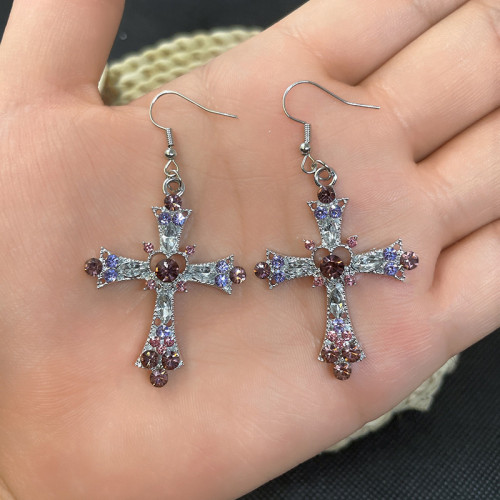 Bohemian style crystal diamond colored cross earrings, European and American fashion festival accessories, earrings in stock