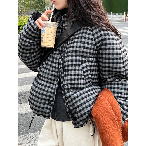 Deer West American Vintage Checkered Down Coat Short 90 White Duck Down Winter Thickened Puff Bread Coat Women 7070