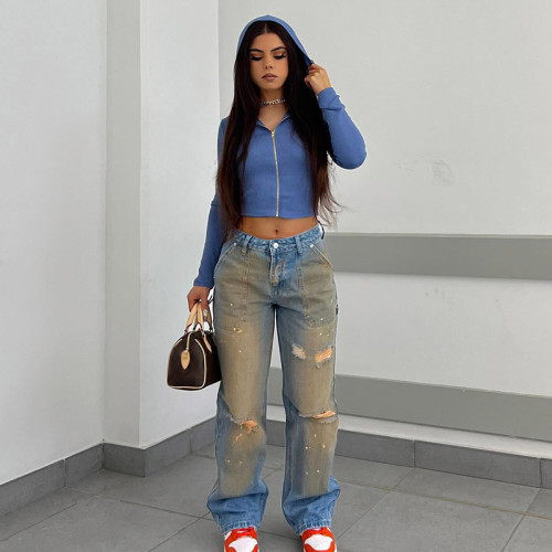 American street style women's clothing washed and distressed, retro gradient high waisted jeans with holes and splashed ink straight casual pants
