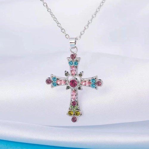 Bohemian style crystal diamond colored cross pendant, European and American holiday jewelry, female collarbone necklace