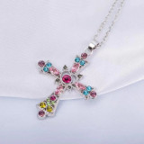 Bohemian style crystal diamond colored cross pendant, European and American holiday jewelry, female collarbone necklace