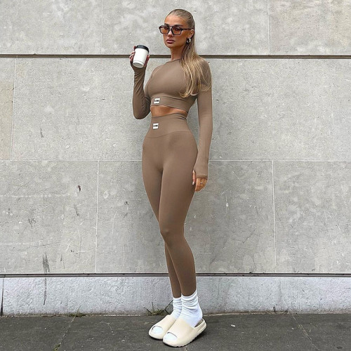 European and American fashion casual women's basic solid color Zhangzi splicing sports yoga comfortable fitness suit set