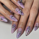 Love Pearl French Wearing Armor Purple Hello Kitty Cat Nail Silver Butterfly Flower Long Nail Panel