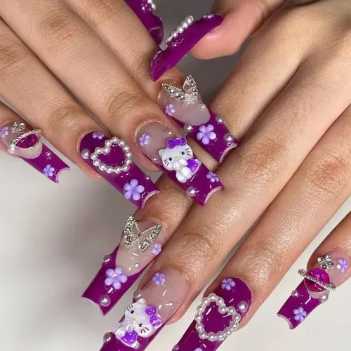 Love Pearl French Wearing Armor Purple Hello Kitty Cat Nail Silver Butterfly Flower Long Nail Panel