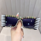 Bulk Funky Shiny Rhinestone Flower Rectangle Sunglasses Women Luxury Diamond Punk Square Shades Glasses Men Uv400 Shades Eyewear