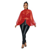 K10694 Cross border Exclusive Amazon European and American Women's New Sexy Perspective Mesh Nail Bead Bat Sleeve Top