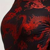 Cross border European and American women's round neck long sleeved fashionable and sexy dragon print tight and spicy girl style jumpsuit top