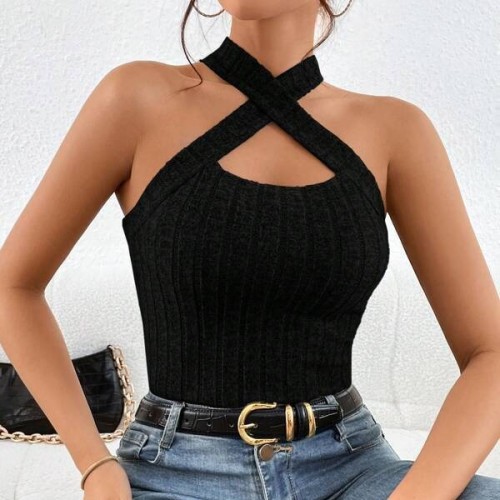 Autumn and Winter New Product Amazon AliExpress Cross border Exclusive Supply Neck Hanging Sleeveless Scrolled Pit Knitted T-shirt Top