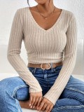 Autumn and Winter New Product Amazon AliExpress Cross border Exclusive V-neck Long sleeved Matte Pit Knitted T-shirt Top