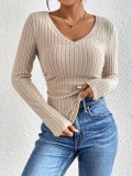 Autumn and Winter New Product Amazon AliExpress Cross border Exclusive V-neck Long sleeved Matte Pit Knitted T-shirt Top