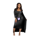 K10579 Cross border Exclusive Amazon Hot selling Long sleeved Coat U Neck Strap Mid length Skirt Pit Strip Two Piece Set New