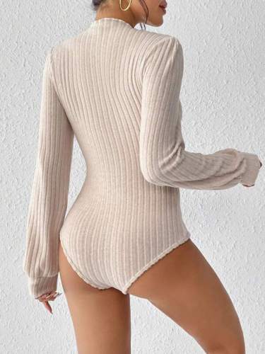 Cross border exclusive French wave edge small standing collar lantern sleeve long sleeved knitted matte pit stripe threaded jumpsuit top