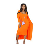 K10579 Cross border Exclusive Amazon Hot selling Long sleeved Coat U Neck Strap Mid length Skirt Pit Strip Two Piece Set New