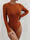 Cross border supply of European and American Amazon long sleeved round neck frosted pit stripe tight fitting jumpsuit top for autumn and winter women's clothing