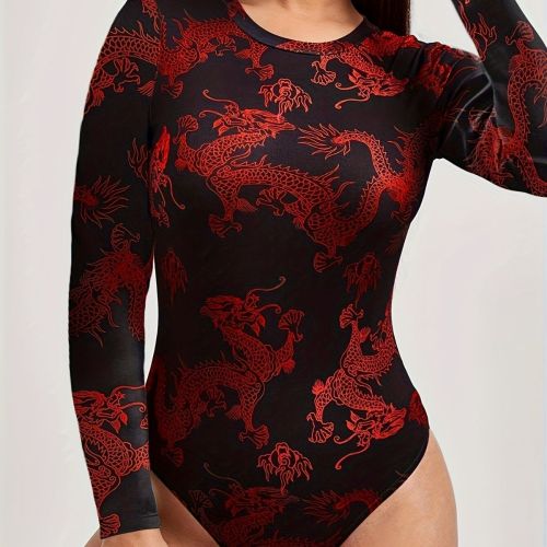 Cross border European and American women's round neck long sleeved fashionable and sexy dragon print tight and spicy girl style jumpsuit top