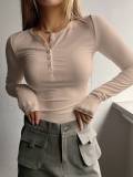 Autumn and Winter New Cross border European and American Hot Selling Half Button Thread Long sleeved T-shirt Sexy Spicy Girl Slim Fit Outwear for Women