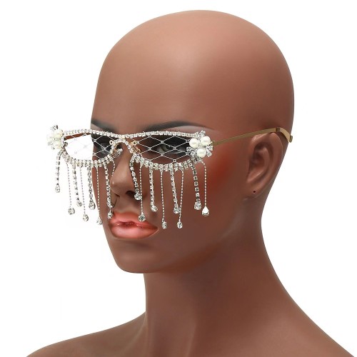 Fashion Tassel Diamonds Sunglasses Women Luxury Rhinestone Crystal Sun Glasses Female Steampunk Mesh Shades No Lens Eyewear