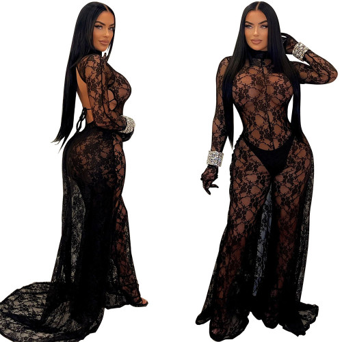K10691 Amazon AliExpress Cross border European and American Fun Women's Clothing Sexy Perspective Lace Backless Tie Up jumpsuit