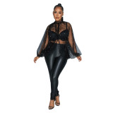 K10694 Cross border Exclusive Amazon European and American Women's New Sexy Perspective Mesh Nail Bead Bat Sleeve Top