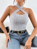 Autumn and Winter New Product Amazon AliExpress Cross border Exclusive Supply Neck Hanging Sleeveless Scrolled Pit Knitted T-shirt Top
