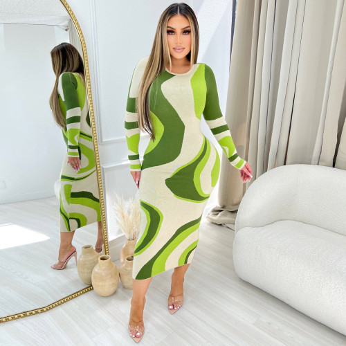 Y2623 European and American Style Spring/Summer Fashion Positioning Printed Pit Stripe Tight Long Sleeve Long Step Dress