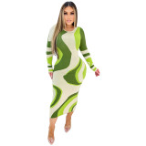 Y2623 European and American Style Spring/Summer Fashion Positioning Printed Pit Stripe Tight Long Sleeve Long Step Dress