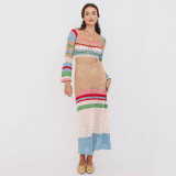 European and American cross-border new striped color matching pullover knitted dress sexy beach bikini cover up long skirt