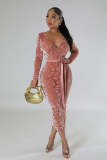 QJ5504 Amazon New European and American Women's Nightclub Cross border Women's Wear Burnt Flower Flocking Long Dress