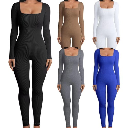 Amazon's European and American foreign trade women's jumpsuit, autumn and winter new product, threaded square neck lifting buttocks, slim fit, sexy jumpsuit