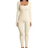 Amazon's European and American foreign trade women's jumpsuit, autumn and winter new product, threaded square neck lifting buttocks, slim fit, sexy jumpsuit