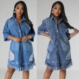 Amazon European and American cross-border lapel temperament denim women's washed loose short sleeved perforated long dress 3281