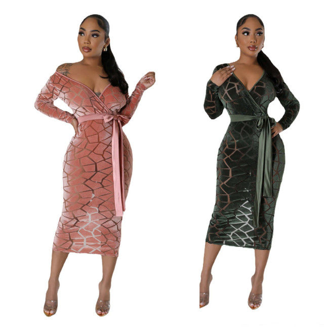 QJ5504 Amazon New European and American Women's Nightclub Cross border Women's Wear Burnt Flower Flocking Long Dress