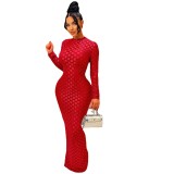 AJ4409 Amazon New Foreign Trade Women's Fashion European and American Grid Round Neck Slim Fit Dress Long Dress