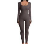 Amazon's European and American foreign trade women's jumpsuit, autumn and winter new product, threaded square neck lifting buttocks, slim fit, sexy jumpsuit