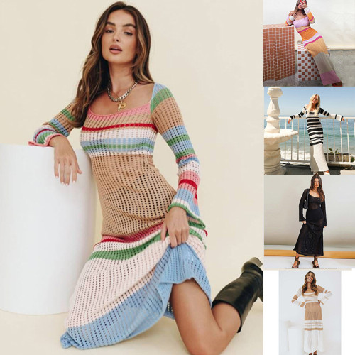 European and American cross-border new striped color matching pullover knitted dress sexy beach bikini cover up long skirt