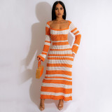 European and American cross-border new striped color matching pullover knitted dress sexy beach bikini cover up long skirt