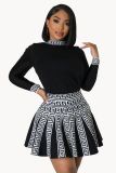AJ4406 European and American Fashion Round Neck Long Sleeve Pleated Dress Women's Knitted Fabric Style Amazon New