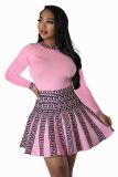 AJ4406 European and American Fashion Round Neck Long Sleeve Pleated Dress Women's Knitted Fabric Style Amazon New