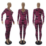 D9443 Amazon Hot Selling Cross border European and American Women's Casual Pattern Printed Long sleeved Pants Home jumpsuit