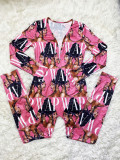 D9443 Amazon Hot Selling Cross border European and American Women's Casual Pattern Printed Long sleeved Pants Home jumpsuit
