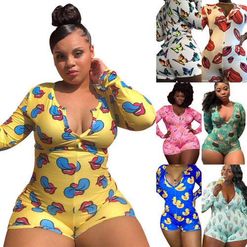 TB5145 Amazon independent website hot selling hot selling element print sexy European and American large size home clothing jumpsuit pajamas