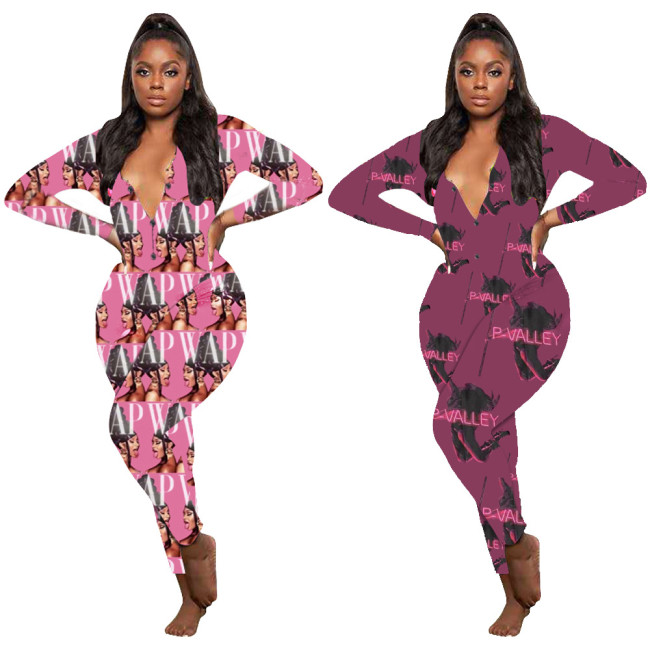 D9443 Amazon Hot Selling Cross border European and American Women's Casual Pattern Printed Long sleeved Pants Home jumpsuit