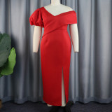 European and American comfortable personality lantern sleeve dress party banquet V-neck dress skirt elegant evening dress